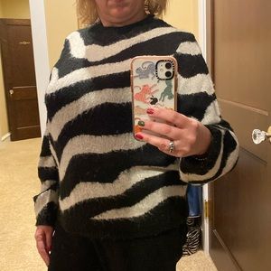 Who What Wear Black and White Striped Crewneck Sweater